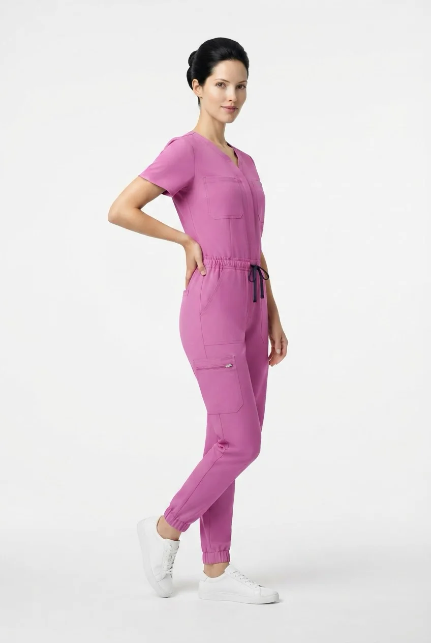 EliteMed short-sleeve zip jumpsuit, worn, three-quarter view