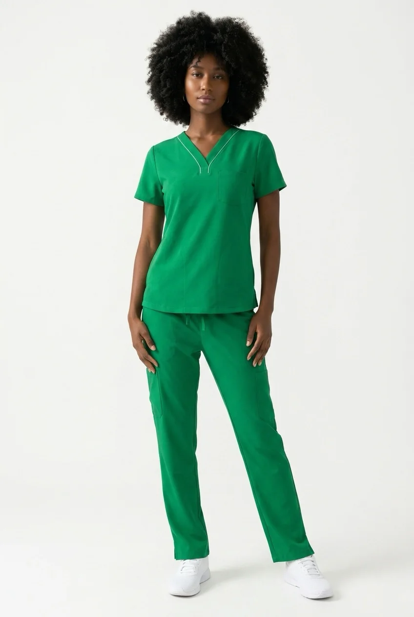 EliteMed V-neck scrub top and straight pant, worn, full length