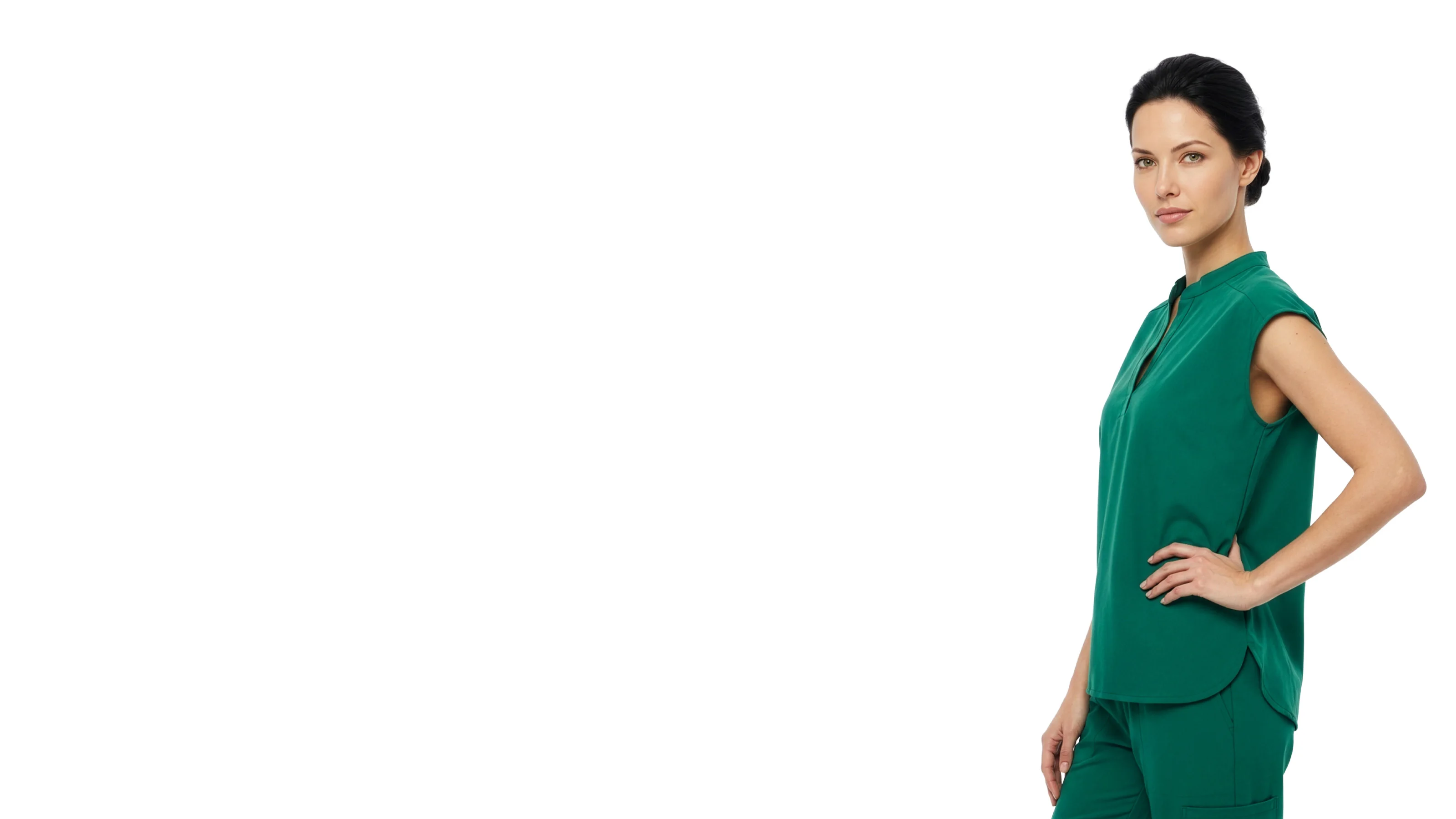 EliteMed cap-sleeve scrub top, worn, side view
