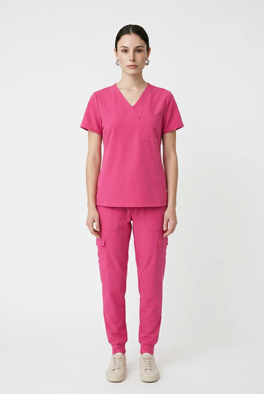 JustScrubs V-neck scrub top and cargo jogger, worn, full length