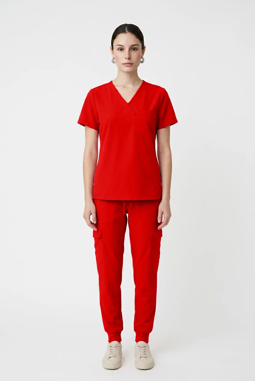 JustScrubs V-neck scrub top and cargo jogger, worn, full length