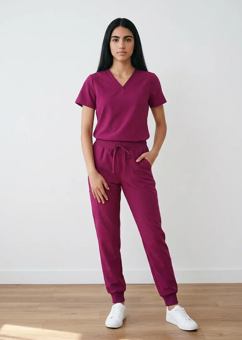 JustScrubs V-neck scrub top and jogger, worn, full length