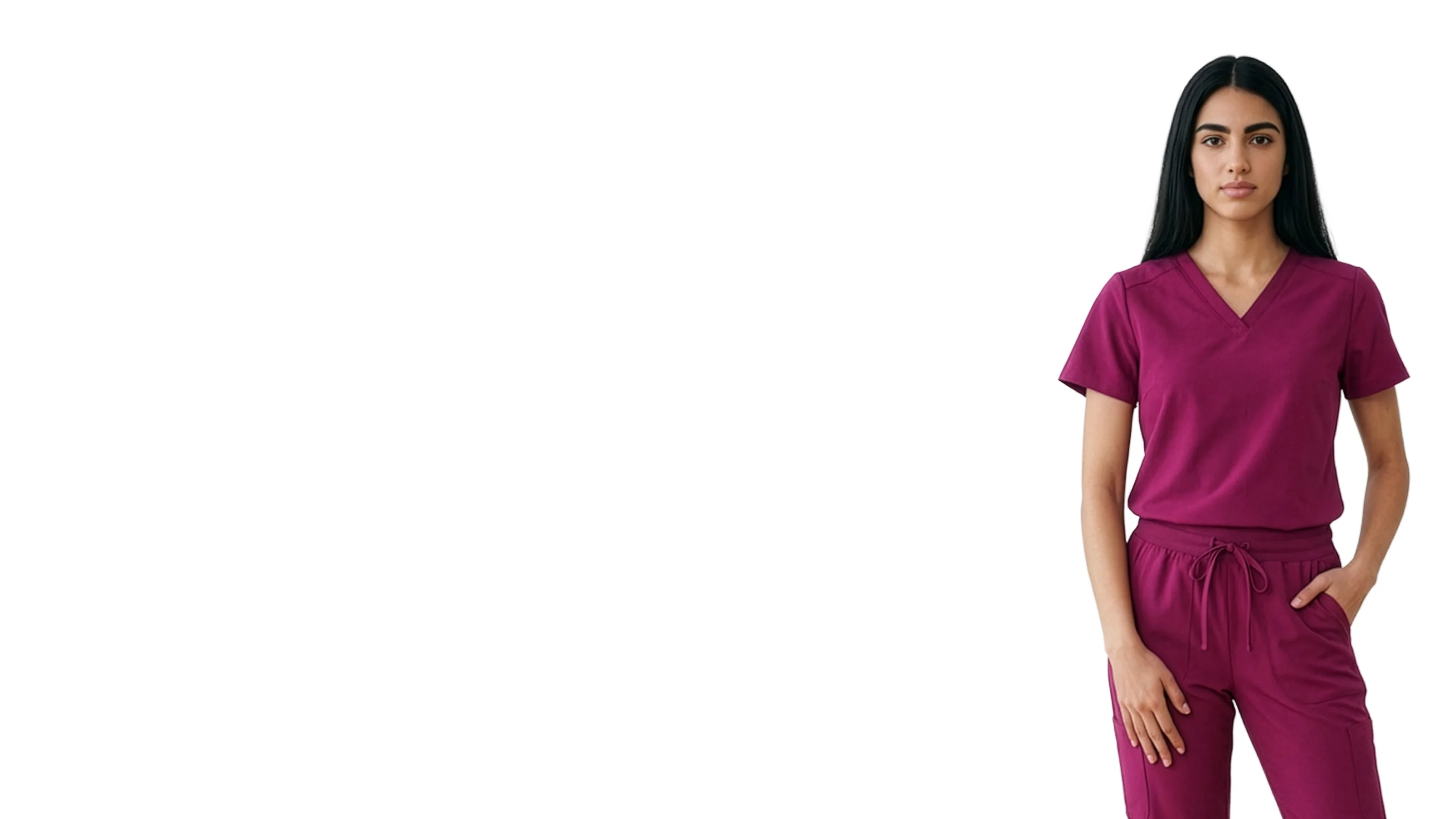 JustScrubs V-neck scrub top and drawstring jogger, worn, three-quarter