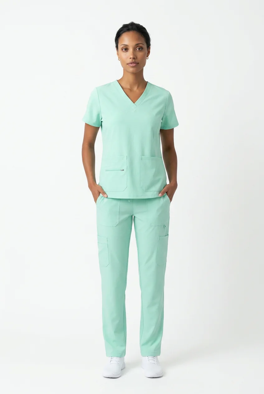 JustScrubs V-neck scrub top and cargo pant, worn, full length