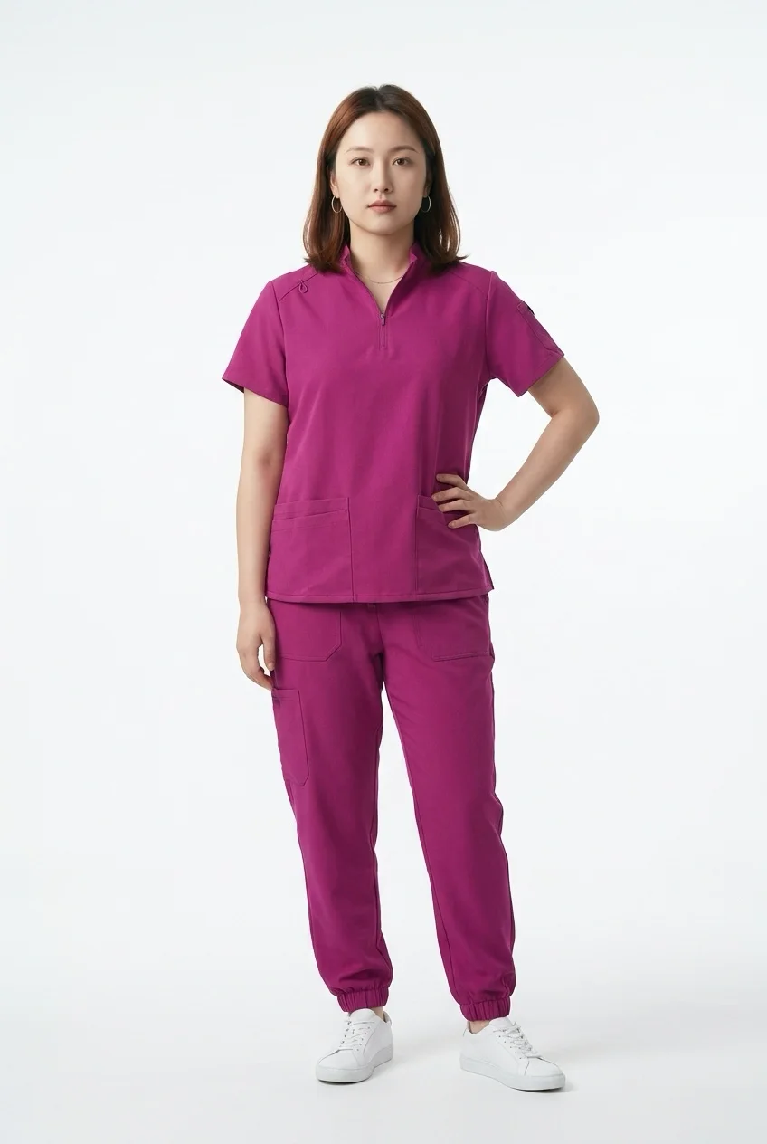Karisma Threads stand-collar zip scrub top and jogger, worn, full length