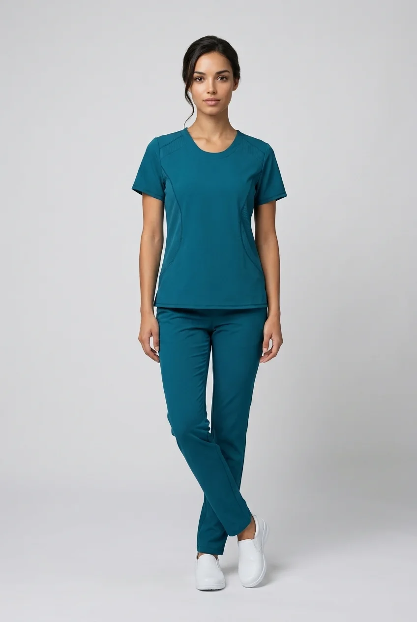 Karisma Threads round-neck scrub top and straight pant, worn, full length