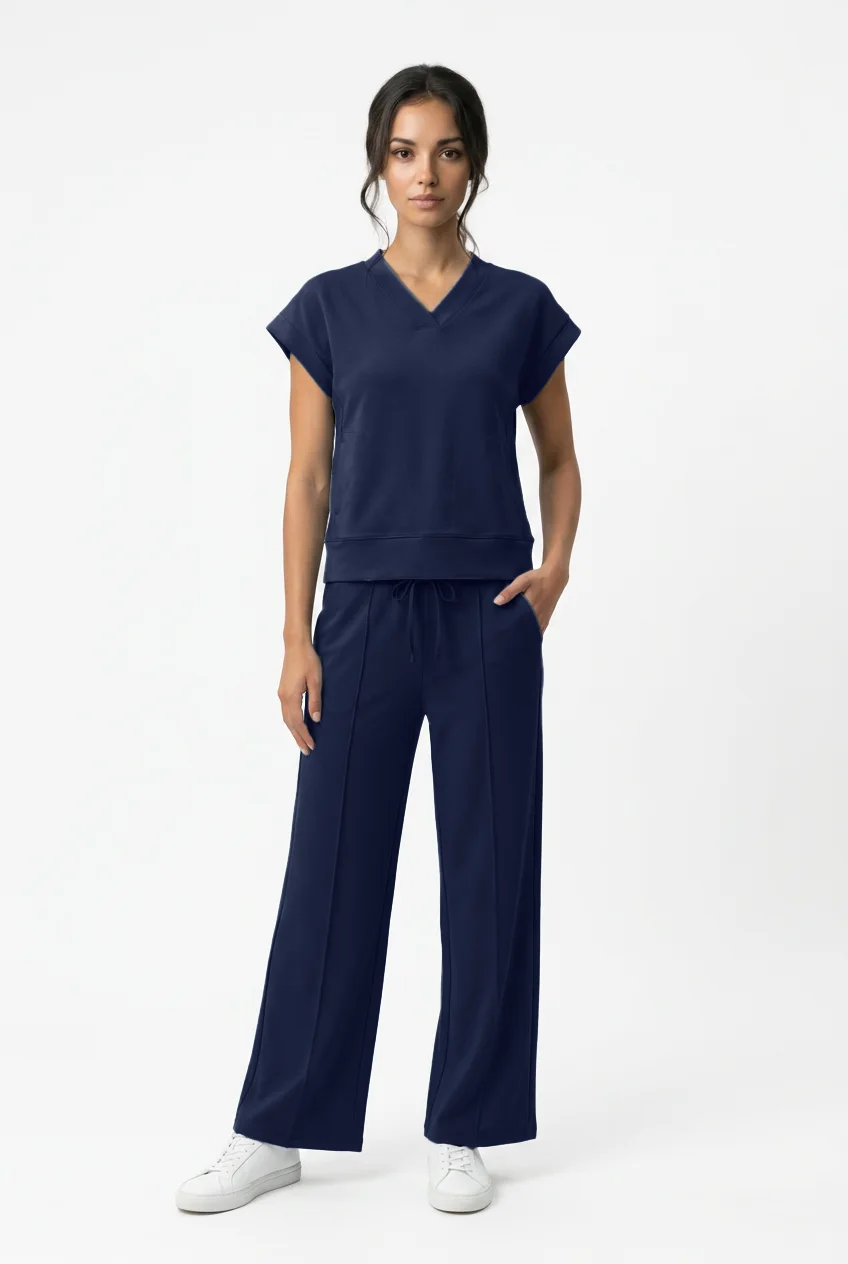 OnaFit cap-sleeve knit top and wide-leg pant, worn, full length