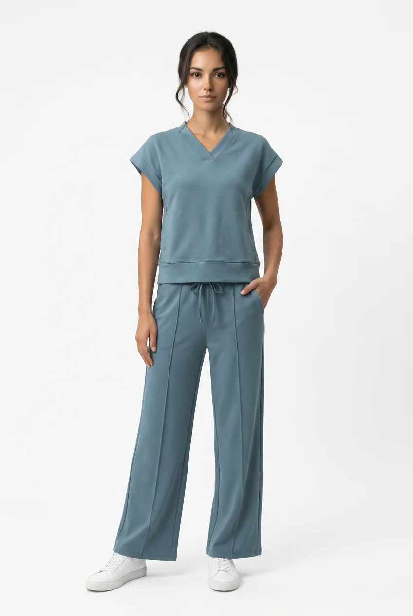 OnaFit cap-sleeve knit top and wide-leg pant, worn, full length