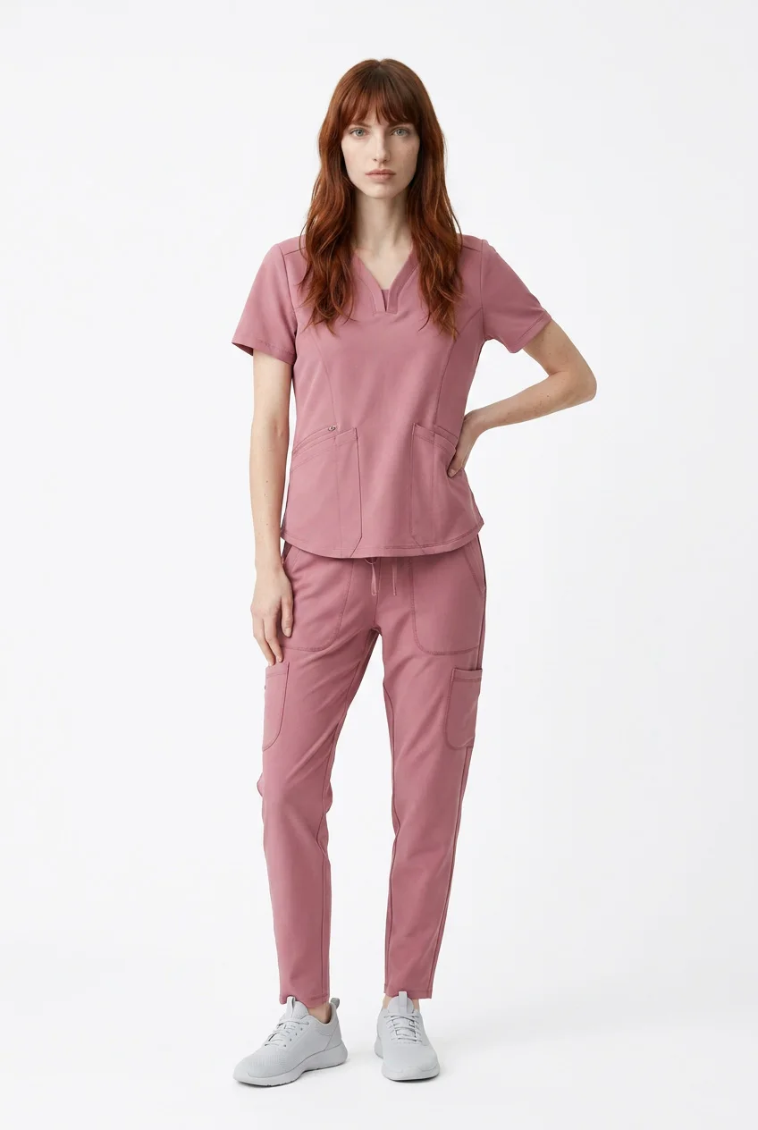 OnaFit V-neck knit top and tapered pant, worn, full length