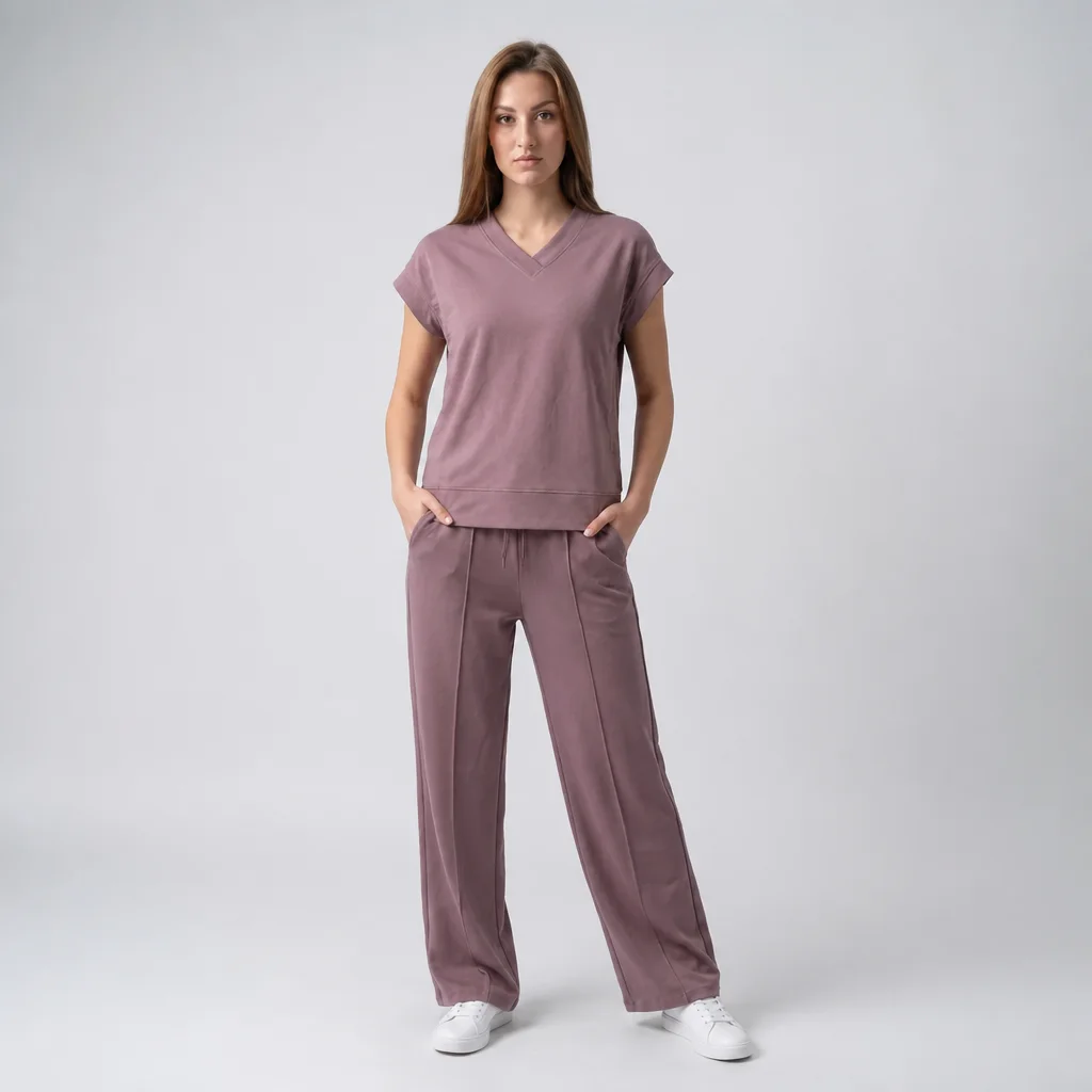 OnaFit V-neck knit top and wide-leg pant, worn, full length