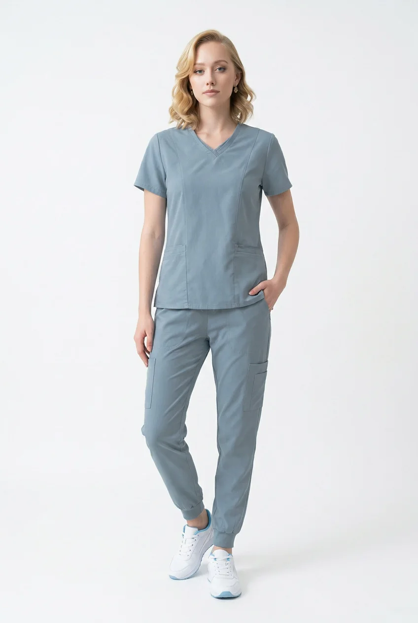 ScrubAid notch-neck scrub top and straight pant, worn, full length