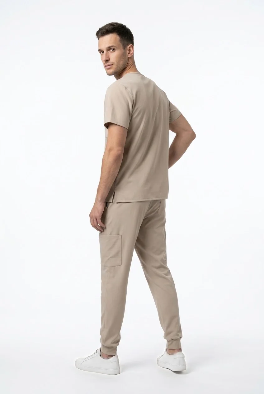 ScrubAid men's scrub set in sand, worn, back view