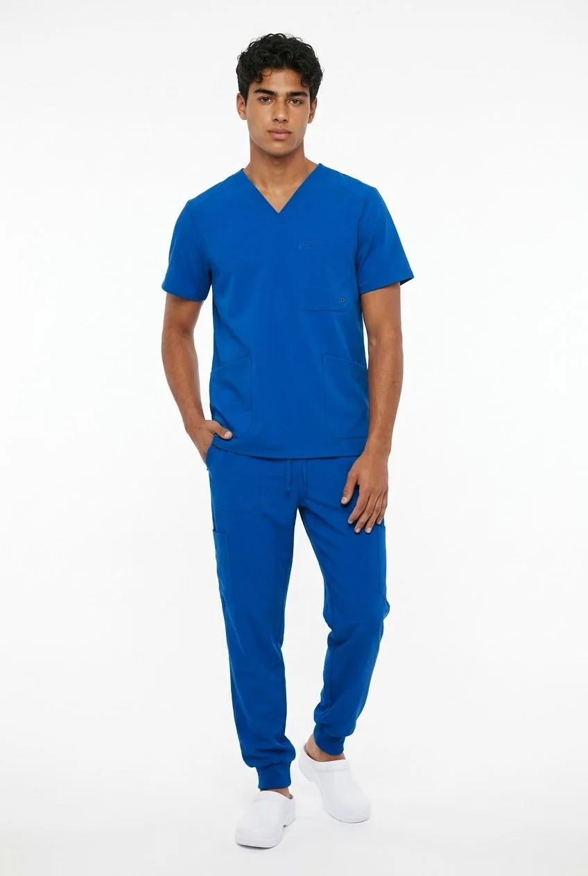 ScrubAid men's V-neck scrub top and jogger blue, worn, full length