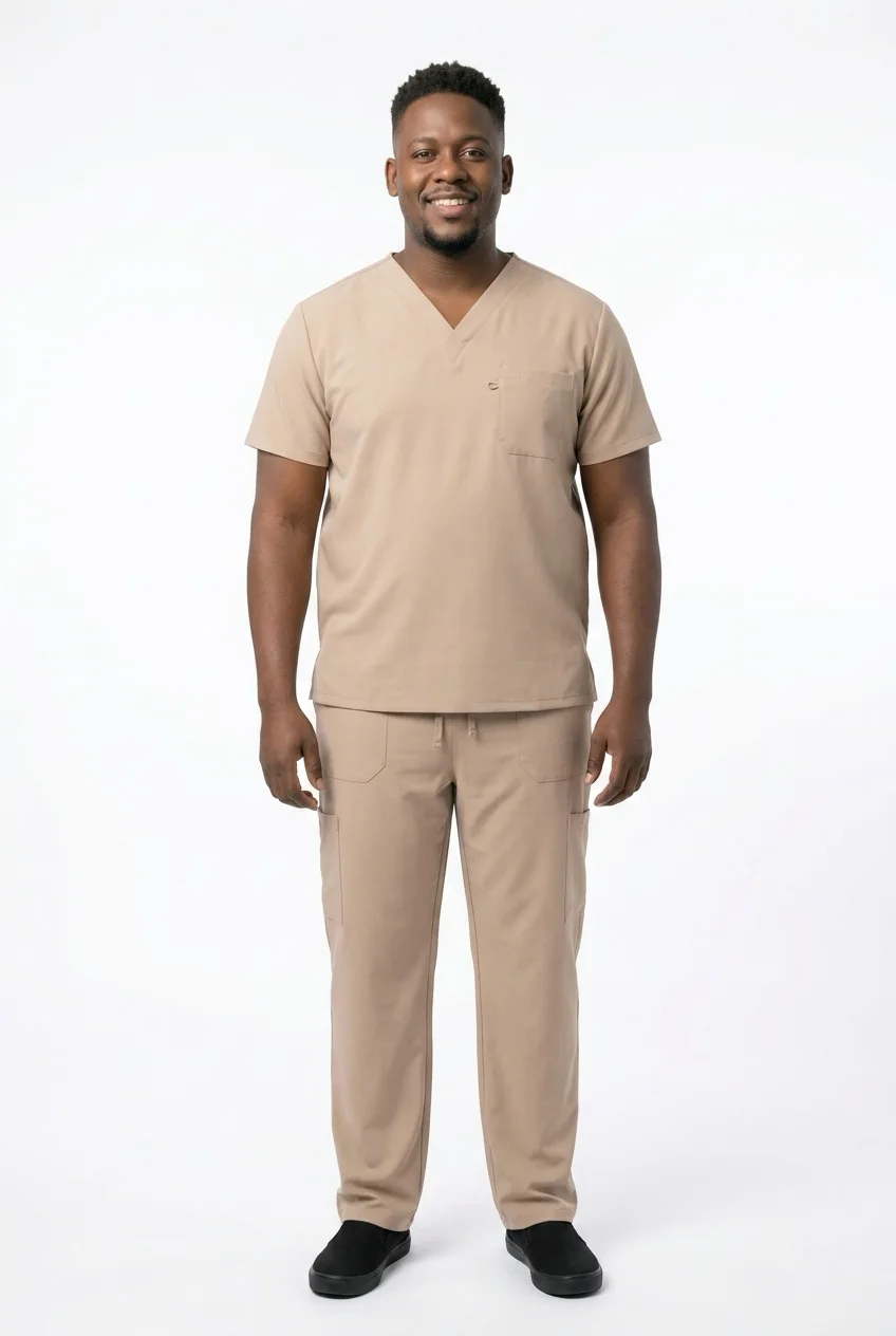 ScrubAid men's V-neck scrub set, worn, full length