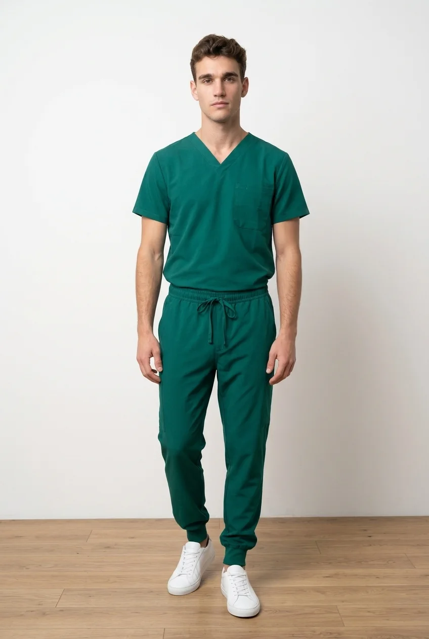 ScrubAid men's V-neck scrub top and jogger, worn, full length