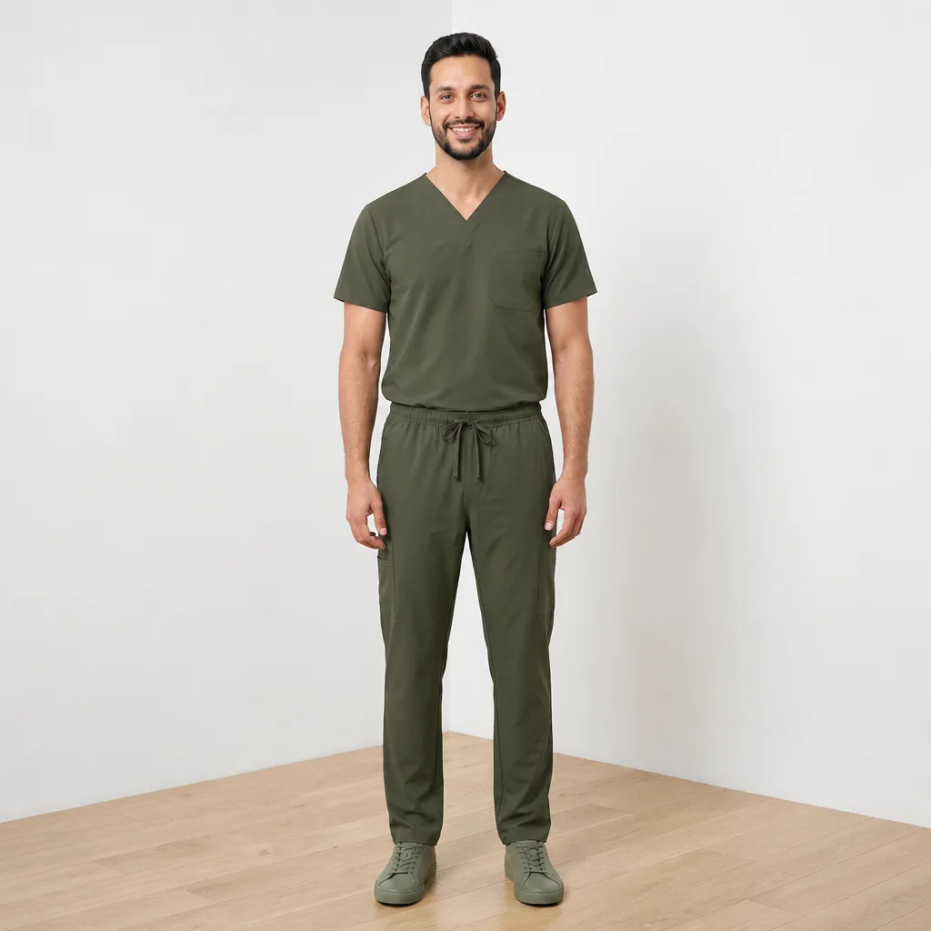 ScrubAid men's V-neck scrub set, worn, full length