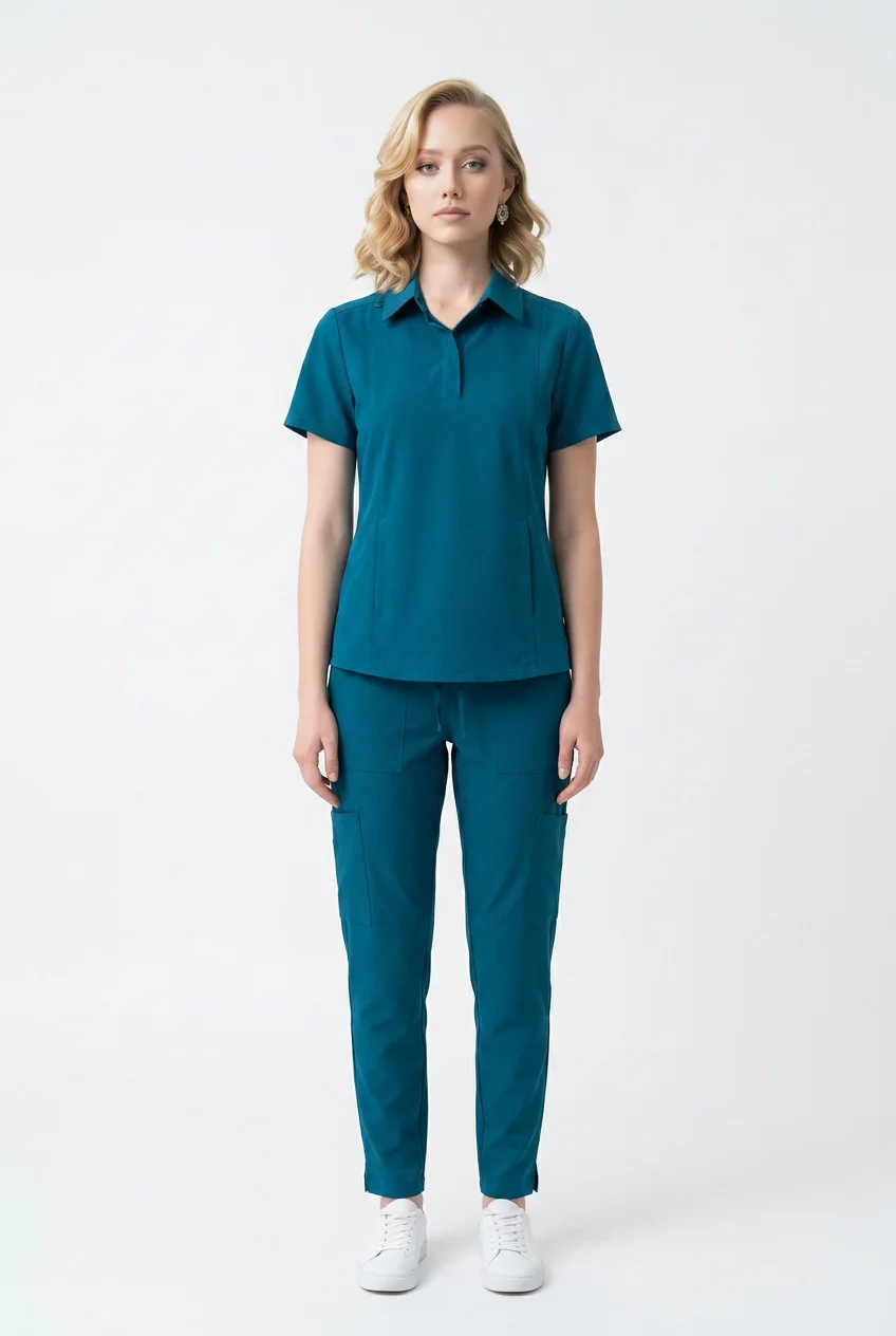 ScrubAid polo-collar scrub top and tapered pant, worn, full length