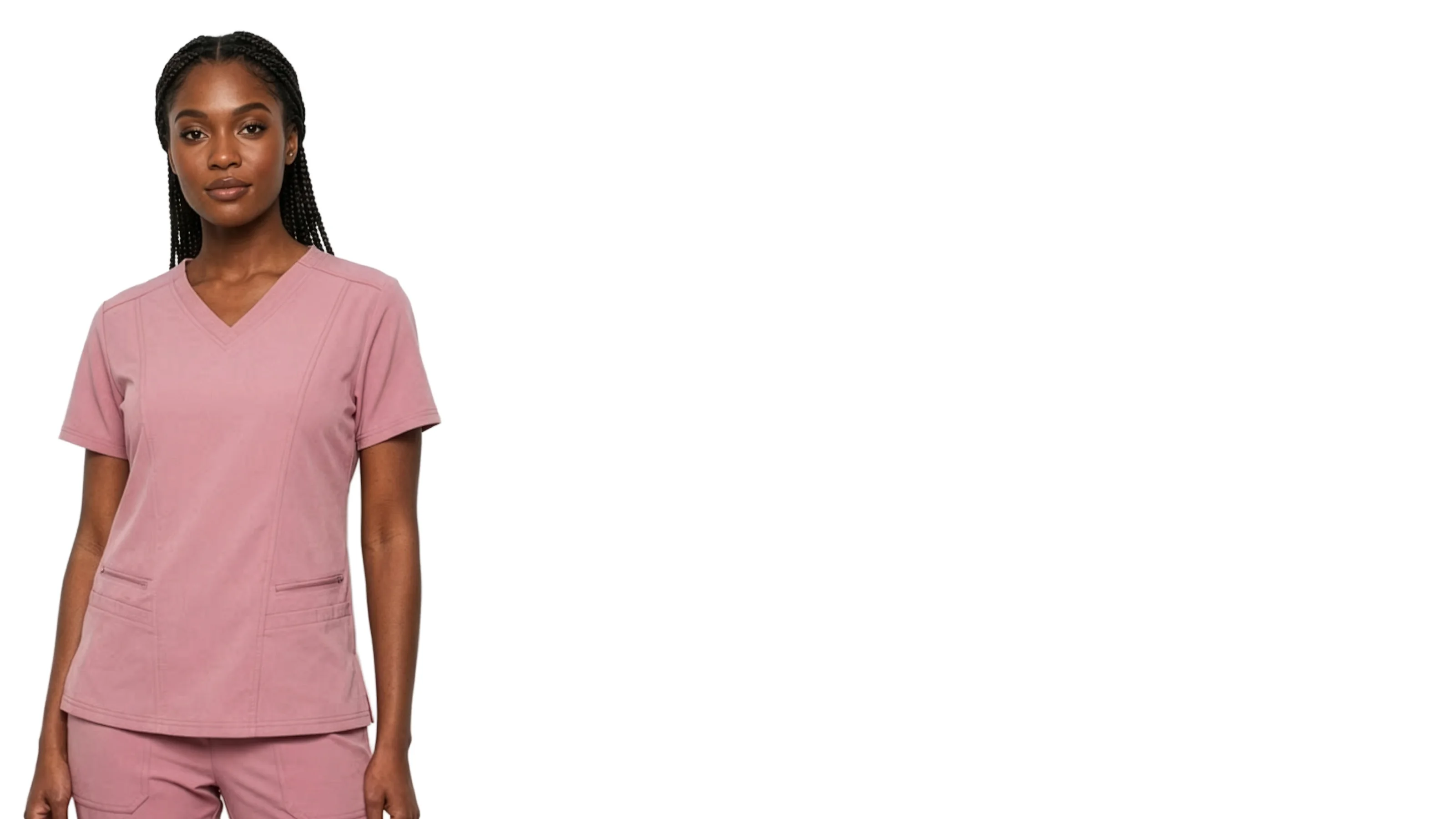 ScrubAid V-neck scrub top in rose, worn, waist up